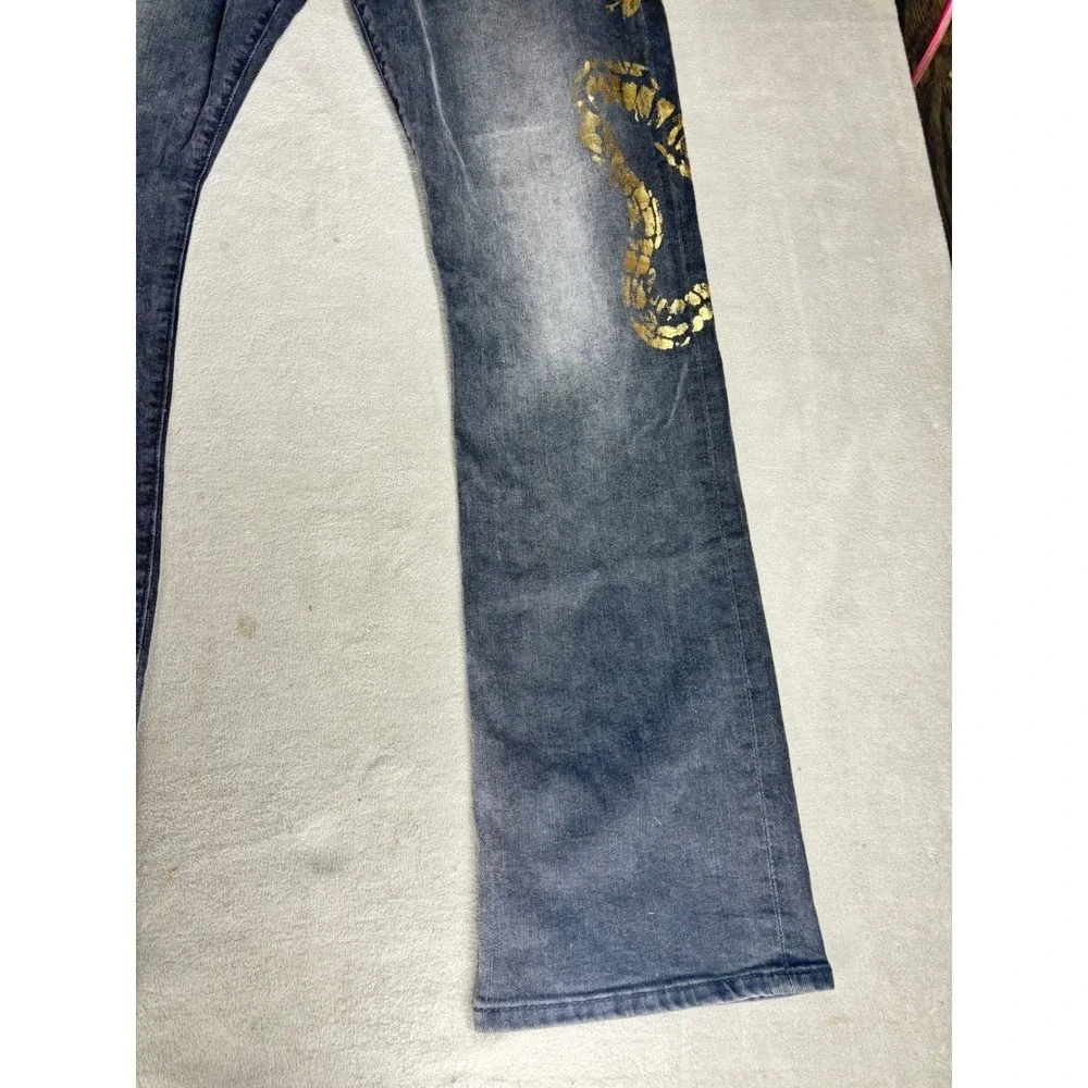 True Religion Ricky W Flap Straight Jeans Black Gold Snake Distressed Mens 38